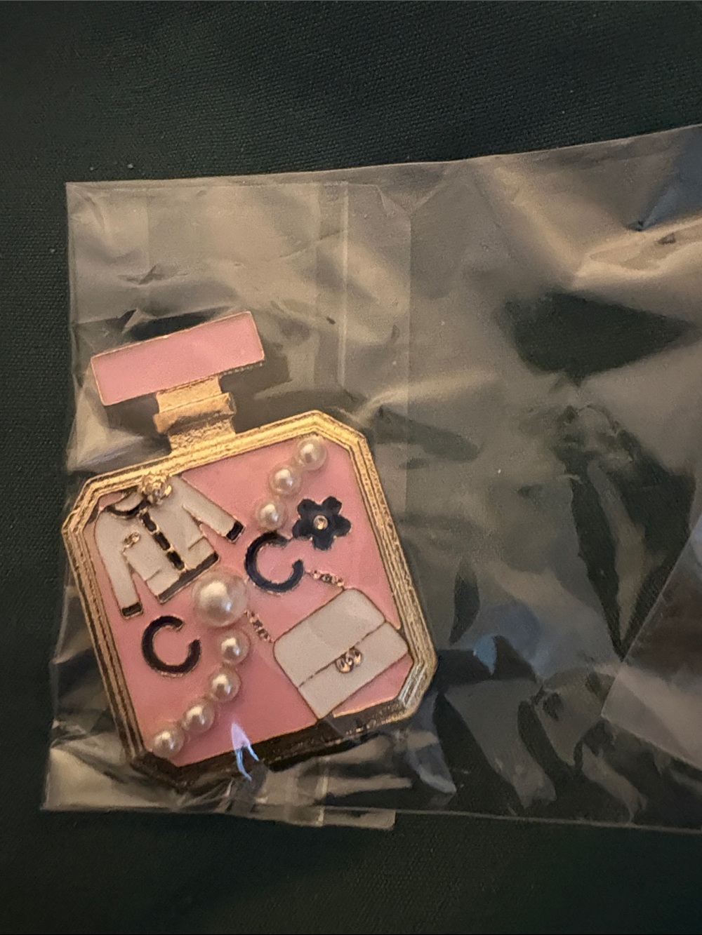 Pink Gold-Tone Perfume Bottle Brooch with Pearls